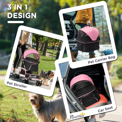 3-in-1 Detachable Pet Stroller with Foldable Bag, Universal Wheels, Canopy & Storage Basket - Pink
