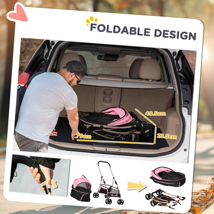 3-in-1 Detachable Pet Stroller with Foldable Bag, Universal Wheels, Canopy & Storage Basket - Pink