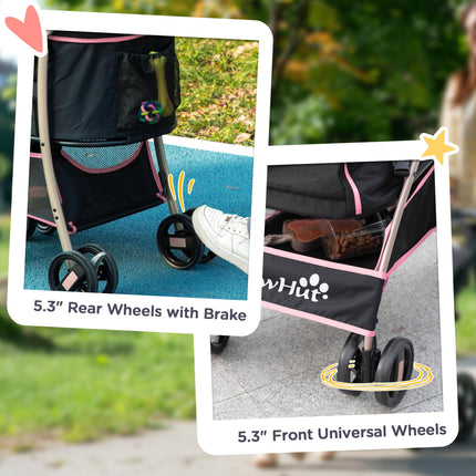 3-in-1 Detachable Pet Stroller with Foldable Bag, Universal Wheels, Canopy & Storage Basket - Pink