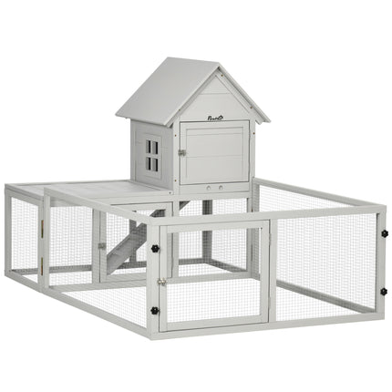 Wooden Indoor Rabbit Hutch with Extra Fenced Area and Slide-Out Tray, Large Guinea Pig Cage - Light Grey