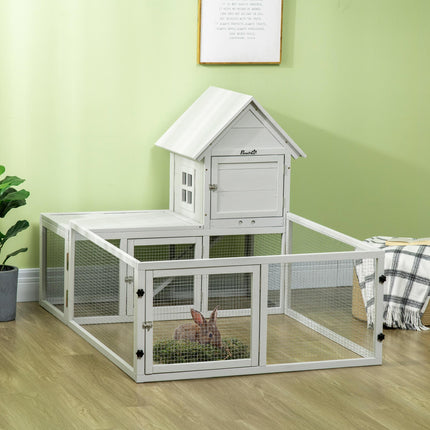 Wooden Indoor Rabbit Hutch with Extra Fenced Area and Slide-Out Tray, Large Guinea Pig Cage - Light Grey