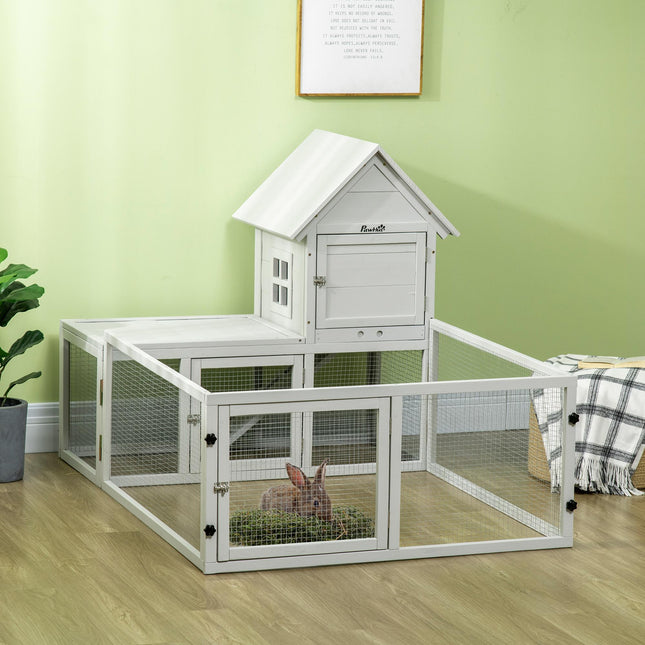 Wooden Indoor Rabbit Hutch with Extra Fenced Area and Slide-Out Tray, Large Guinea Pig Cage - Light Grey