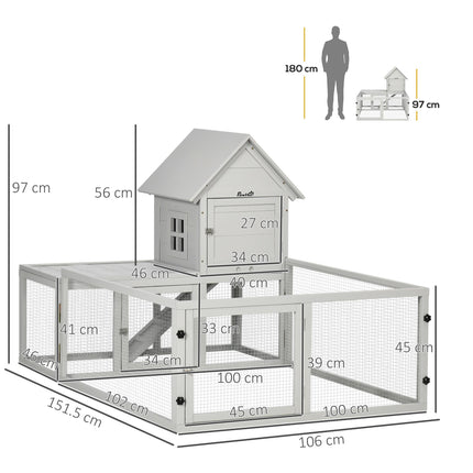 Wooden Indoor Rabbit Hutch with Extra Fenced Area and Slide-Out Tray, Large Guinea Pig Cage - Light Grey