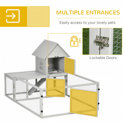 Wooden Indoor Rabbit Hutch with Extra Fenced Area and Slide-Out Tray, Large Guinea Pig Cage - Light Grey