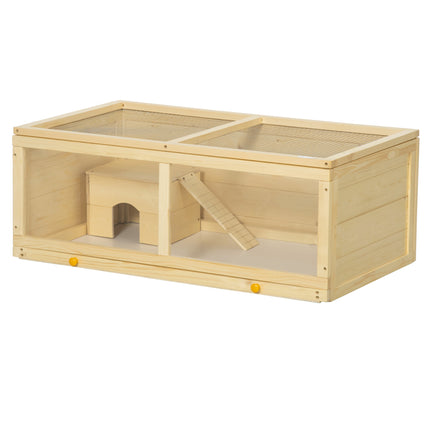 Wooden Syrian Hamster Cage with Sliding Tray, Openable Top & Hut - Natural Wood Finish