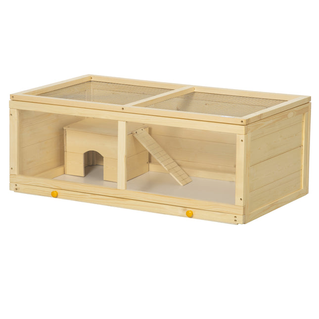 Wooden Syrian Hamster Cage with Sliding Tray, Openable Top & Hut - Natural Wood Finish