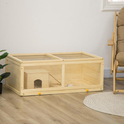 Wooden Syrian Hamster Cage with Sliding Tray, Openable Top & Hut - Natural Wood Finish