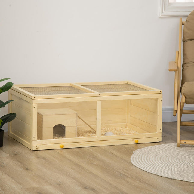 Wooden Syrian Hamster Cage with Sliding Tray, Openable Top & Hut - Natural Wood Finish