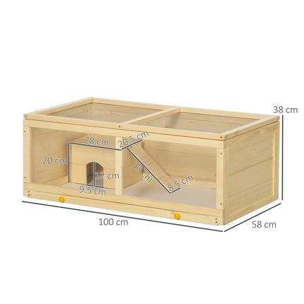 Wooden Syrian Hamster Cage with Sliding Tray, Openable Top & Hut - Natural Wood Finish