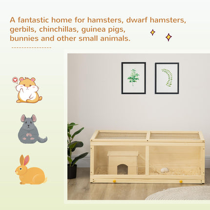 Wooden Syrian Hamster Cage with Sliding Tray, Openable Top & Hut - Natural Wood Finish