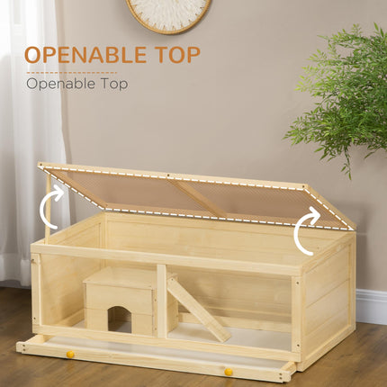 Wooden Syrian Hamster Cage with Sliding Tray, Openable Top & Hut - Natural Wood Finish
