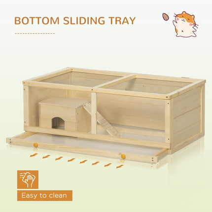 Wooden Syrian Hamster Cage with Sliding Tray, Openable Top & Hut - Natural Wood Finish