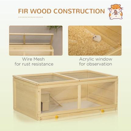 Wooden Syrian Hamster Cage with Sliding Tray, Openable Top & Hut - Natural Wood Finish