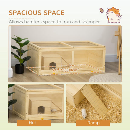 Wooden Syrian Hamster Cage with Sliding Tray, Openable Top & Hut - Natural Wood Finish