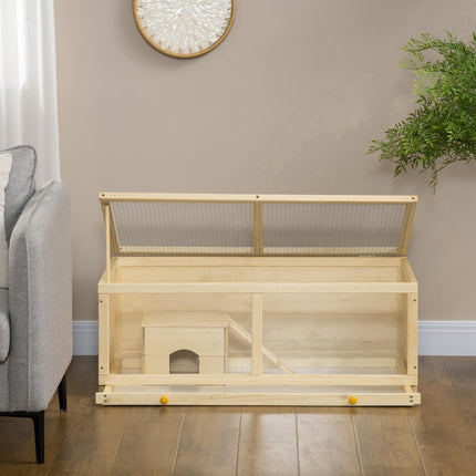 Wooden Syrian Hamster Cage with Sliding Tray, Openable Top & Hut - Natural Wood Finish