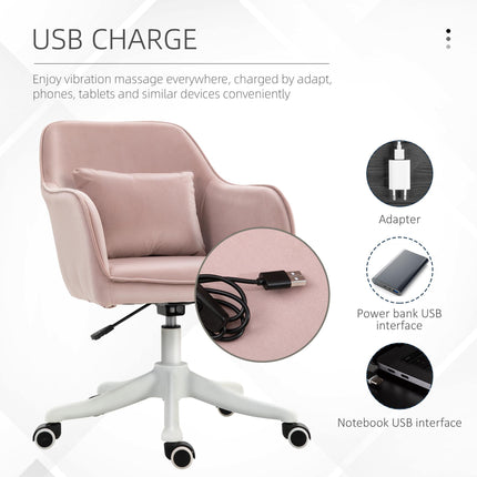 Velvet Office Chair with Rechargeable Electric Vibration Massage Lumbar Pillow and Wheels - Pink