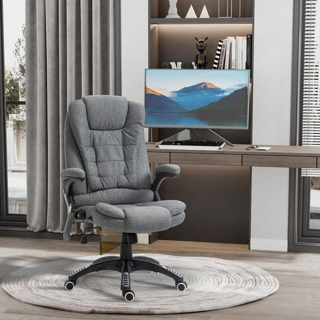 Heated Massage Recliner Office Chair with Six Massage Points, 360° Swivel, Linen-Feel Fabric - Grey