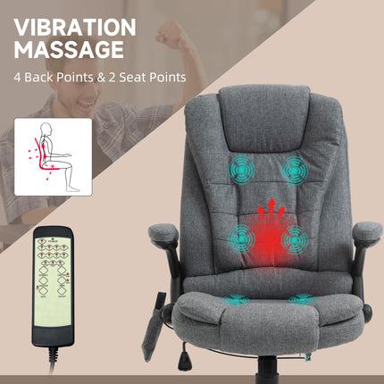 Heated Massage Recliner Office Chair with Six Massage Points, 360° Swivel, Linen-Feel Fabric - Grey