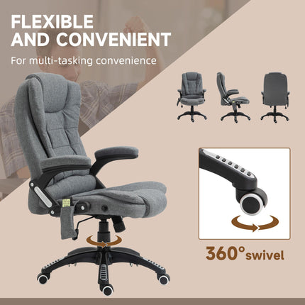 Heated Massage Recliner Office Chair with Six Massage Points, 360° Swivel, Linen-Feel Fabric - Grey