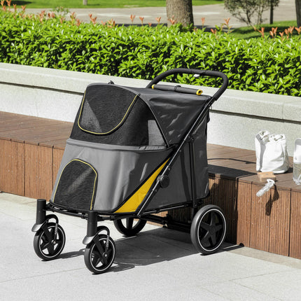 Pet Stroller with Shock Absorber, Universal Front Wheels, Brakes & Storage Bags for Dogs and Cats - Dark Grey