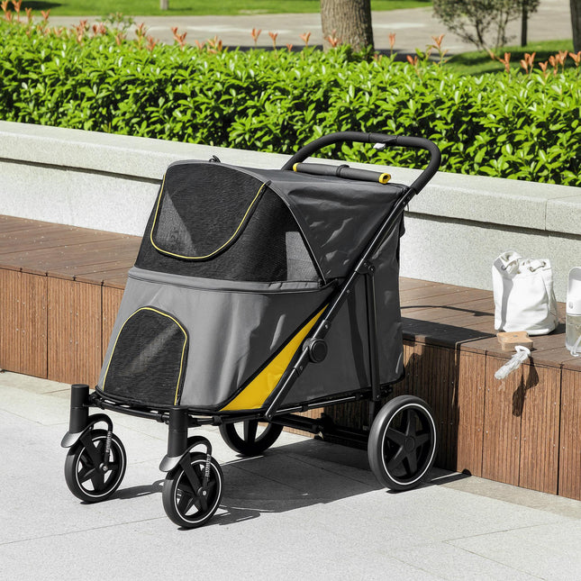 Pet Stroller with Shock Absorber, Universal Front Wheels, Brakes & Storage Bags for Dogs and Cats - Dark Grey