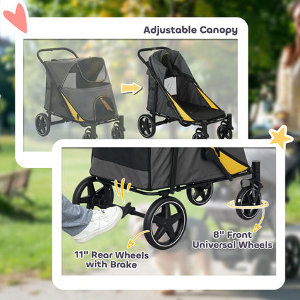 Pet Stroller with Shock Absorber, Universal Front Wheels, Brakes & Storage Bags for Dogs and Cats - Dark Grey