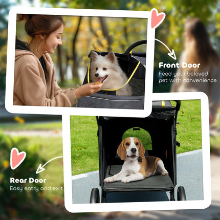 Pet Stroller with Shock Absorber, Universal Front Wheels, Brakes & Storage Bags for Dogs and Cats - Dark Grey