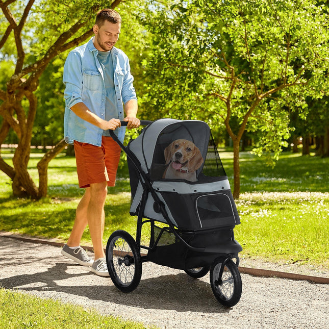 Foldable Pet Stroller Jogger for Small to Medium Dogs with Adjustable Canopy & 3 Large Wheels - Grey