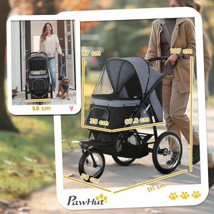 Foldable Pet Stroller Jogger for Small to Medium Dogs with Adjustable Canopy & 3 Large Wheels - Grey