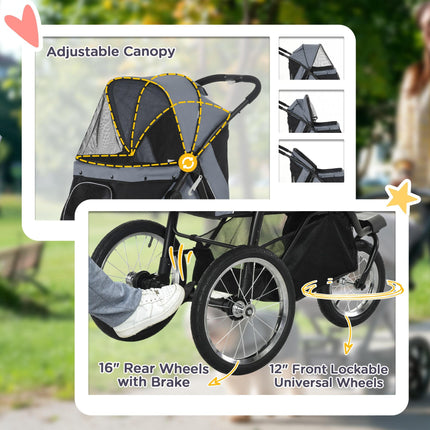 Foldable Pet Stroller Jogger for Small to Medium Dogs with Adjustable Canopy & 3 Large Wheels - Grey