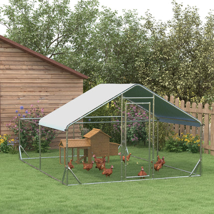 Walk In Chicken Run 4x3x2m Galvanized Outdoor Hen House with UV-Resist Cover - Silver