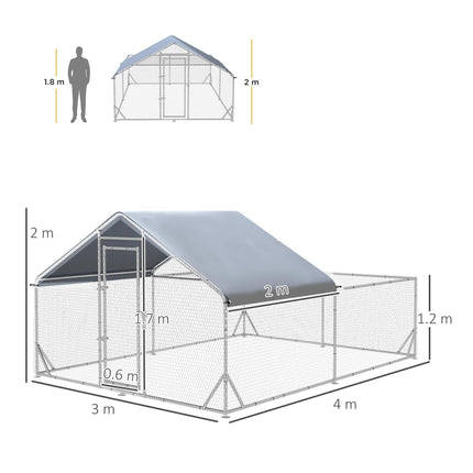 Walk In Chicken Run 4x3x2m Galvanized Outdoor Hen House with UV-Resist Cover - Silver