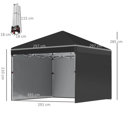 3 x 3m Pop Up Gazebo Event Shelter with Adjustable Height, 3 Sidewalls, Weight Bags & Wheeled Bag - Black