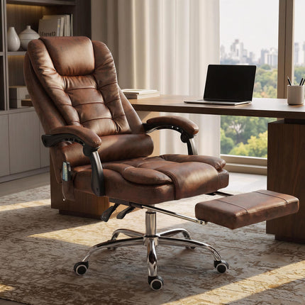 Heated 6-Point Vibration Massage Executive Office Chair with Adjustable Swivel, Recliner & Footrest - Brown