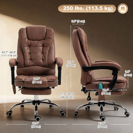Heated 6-Point Vibration Massage Executive Office Chair with Adjustable Swivel, Recliner & Footrest - Brown