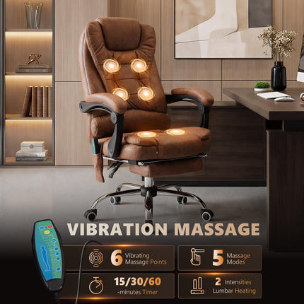 Heated 6-Point Vibration Massage Executive Office Chair with Adjustable Swivel, Recliner & Footrest - Brown