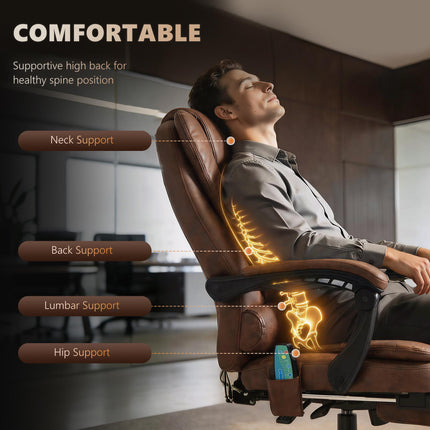 Heated 6-Point Vibration Massage Executive Office Chair with Adjustable Swivel, Recliner & Footrest - Brown