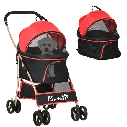 Detachable 3-in-1 Pet Stroller Pushchair for XS & S Pets with Universal Wheels, Brake & Canopy - Red