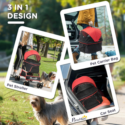 Detachable 3-in-1 Pet Stroller Pushchair for XS & S Pets with Universal Wheels, Brake & Canopy - Red