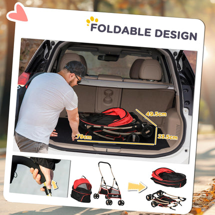 Detachable 3-in-1 Pet Stroller Pushchair for XS & S Pets with Universal Wheels, Brake & Canopy - Red