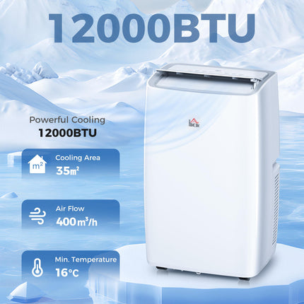 12,000 BTU Portable Air Conditioner with Dehumidifier, Remote & Timer for 25m² Room - White
