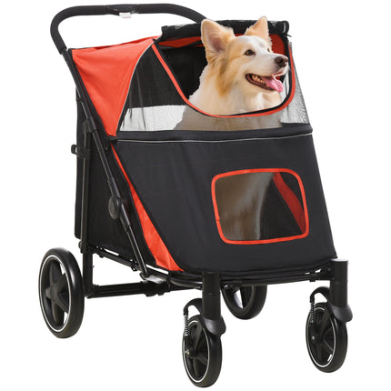 Foldable Pet Stroller with Shock Absorber, Universal Front Wheels, Brakes & Storage Bags - Red