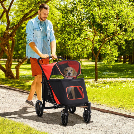 Foldable Pet Stroller with Shock Absorber, Universal Front Wheels, Brakes & Storage Bags - Red