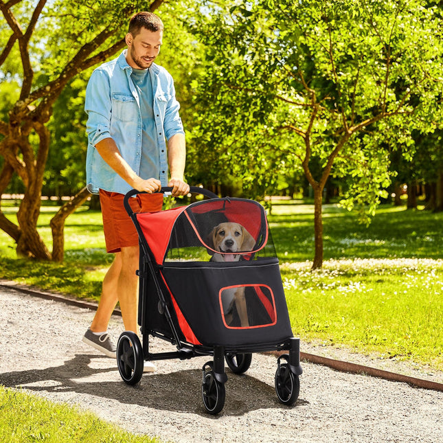 Foldable Pet Stroller with Shock Absorber, Universal Front Wheels, Brakes & Storage Bags - Red