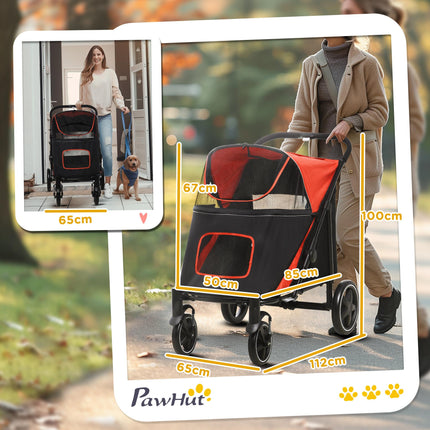 Foldable Pet Stroller with Shock Absorber, Universal Front Wheels, Brakes & Storage Bags - Red