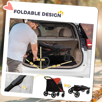 Foldable Pet Stroller with Shock Absorber, Universal Front Wheels, Brakes & Storage Bags - Red