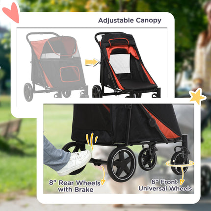 Foldable Pet Stroller with Shock Absorber, Universal Front Wheels, Brakes & Storage Bags - Red