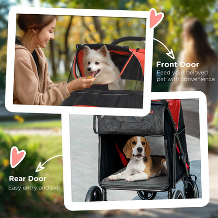 Foldable Pet Stroller with Shock Absorber, Universal Front Wheels, Brakes & Storage Bags - Red