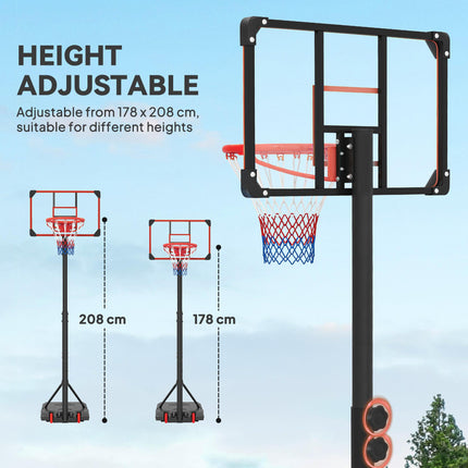 Height Adjustable Kids Basketball Hoop and Stand 1.8-2m with Weighted Base and Wheels - Black and Red