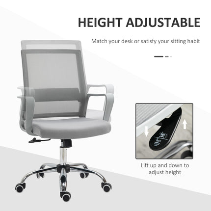 Ergonomic Mesh Office Desk Chair with Adjustable Height, Armrests & 360° Swivel Wheels - Grey